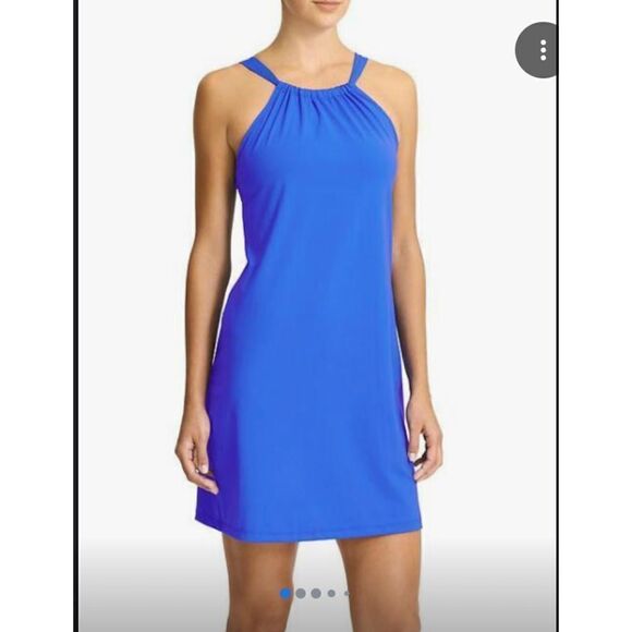 Athleta Womens Size Medium Kokomo Solid Blue Swim Dress Stretch Mini Short Water - Picture 13 of 14